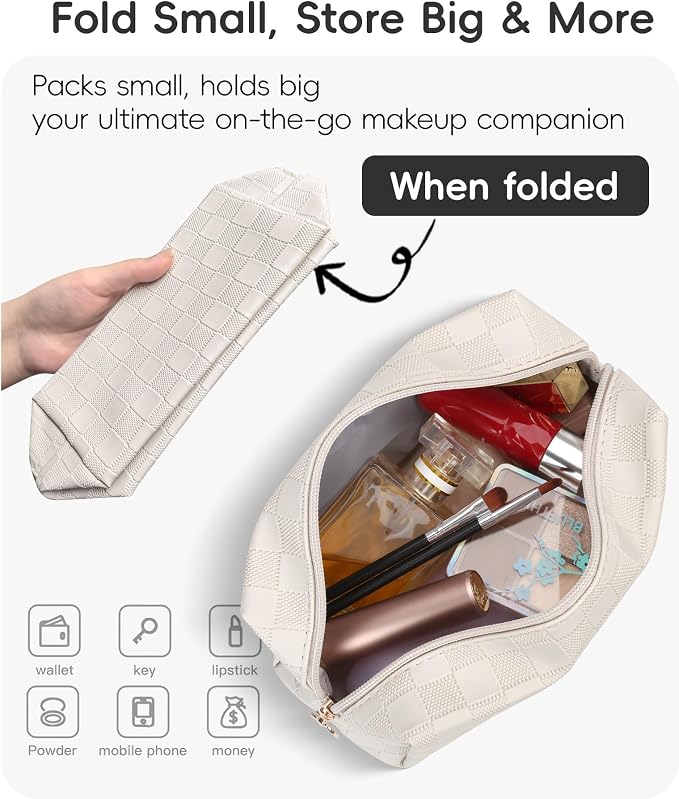 Checkered Makeup Bag for Purse - Cute PU Leather Travel Cosmetic Pouch for Women, Portable Flat Toiletry Organizer with Gold Zipper(white)