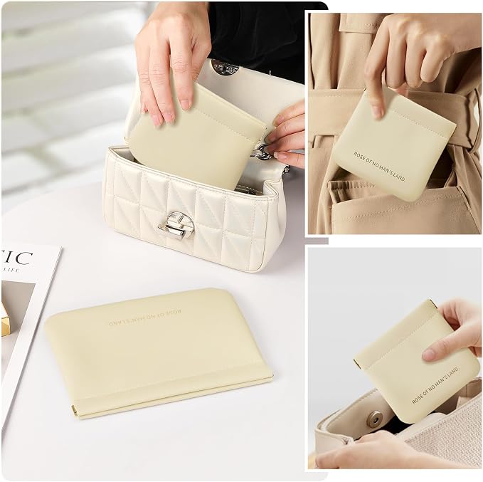 2 Pack Small Makeup Bag for Women, New Organosilicon Super Fiber PU Leather Mini Cosmetic Bag for Travel, Coin Purse Organizer Storage Pouch (Printed with Phrase, Beige)