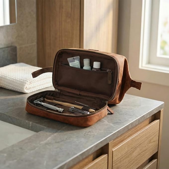 LEATHER VILLAGE Genuine Leather Dopp Kit – Large Travel Toiletry Bag with Waterproof Lining, Dual-Zip Design for Men & Women, Organizer for Shaving, Makeup & Essentials - Tan