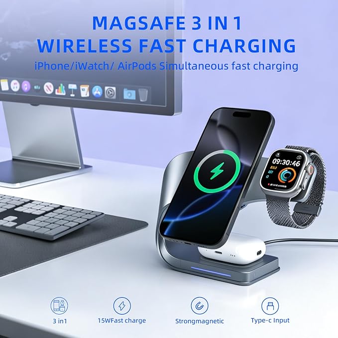 3 in 1 Wireless 15W Fast Charging Station for Apple Devices Dock for iPhone 15/14/13/12 Apple Watch Series 11/10/9/8/SE AirPods Pro 3/2 Bedside Charging Stand with Nightstand Organizer (Gray)