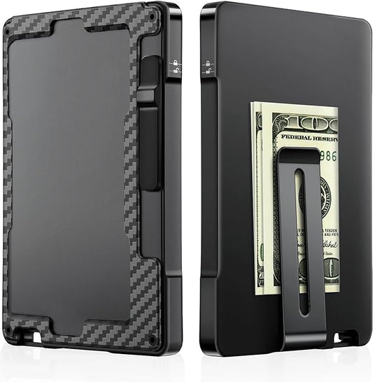 umoven Minimalist Wallet for Men, Slim Aluminum Metal Money Clip Card Holder, Pop-Up Card Case, RFID Blocking Mens Wallet with ID Window, Front Pocket Wallet for Men(Carbon Fibre)