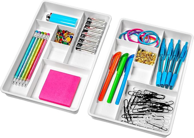 Madesmart Set of 2 Plastic 6-Compartment Drawer Organizer Gadget Trays, Multipurpose Storage Bins for Drawers, White