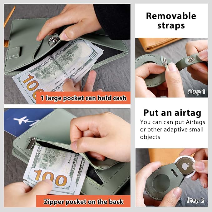 Passport wallets, Mulit-purpose RFID Blocking Passport Holder AirTag Wallet, Travel Wallet（Moss Green）
