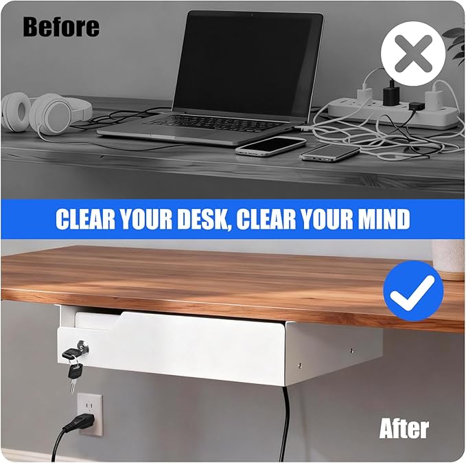 Under Desk Drawer Storage with Lock, Metal Undermount Table Drawer, Ball Bearing Slides Out Tray Organizer for Paper, Pencil, and Laptop,16"x11.8"x3.6", Black With Power Strip