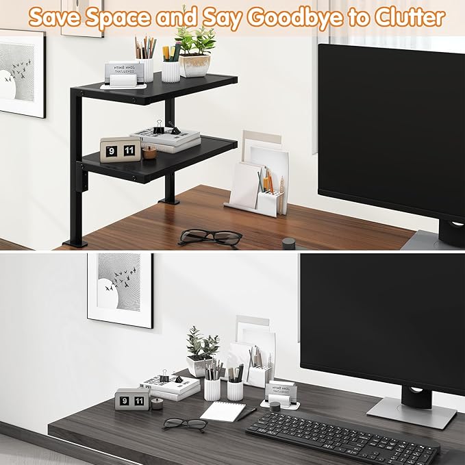 IBUYKE Clamp on Desk Organizer Shelf,12.9 inches Desk Extender Shelves, Above or Below Desk 2-Tier Adjustable Storage Shelves for Desktop Accessories,Black,TMZ007B