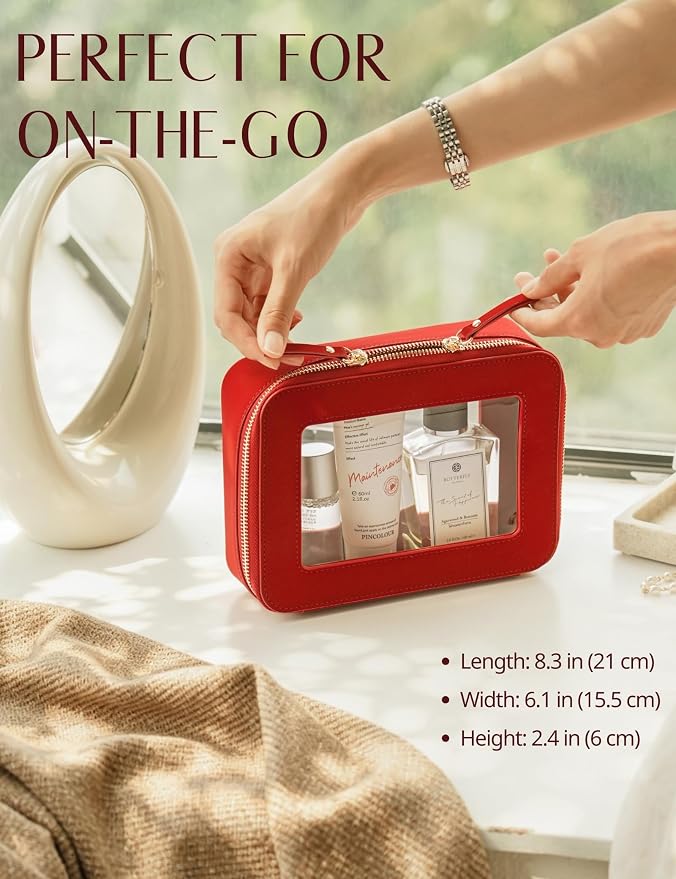 Popvibe Clear Makeup Bag Travel Cosmetic Case Toiletry Bag with Zipper, Red, Medium