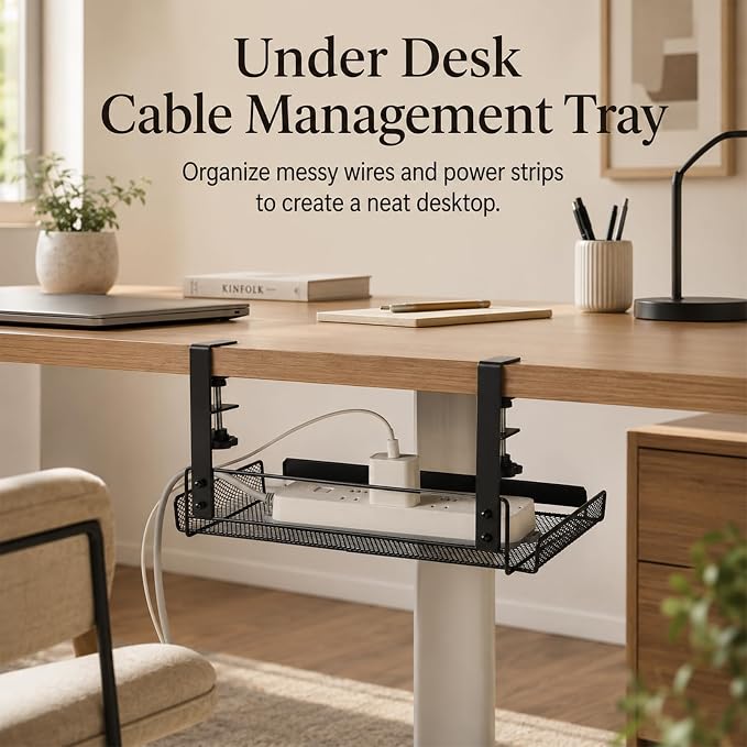 Under Desk Cable Management Tray, No Drill Under Desk Shelf with Clamp for 0.4-1.8 in Table, Black Metal Mesh Wire Organizer for Power Strips and Cord Storage in Home Office