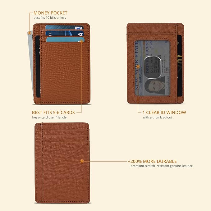 Real Leather Slim Minimalist Wallet for Men and Women -RFID Blocking Front Pocket Thin Credit Card Holder Stylish Wallets (Cognac)