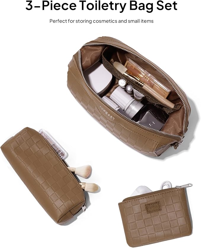 TOPEAST Travel Makeup Bag Cosmetic Bags for Women, 3 Pcs Set Make Up Toiletry Bag with Removable Zip Purse, Waterproof Leather Makeup Brush Organizer for Travel Essentials, Brown