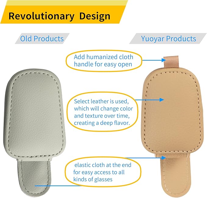 Yuoyar Sunglass Holder for Car, Magnetic Leather Sunglasses Holder and Ticket Card Clip, Car Visor Accessories, 2 Packs (Beige)