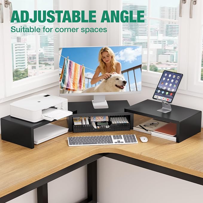 OPNICE Dual Computer Monitor Stand Riser, Desk Organizer with Drawer, Office Desk Accessories & Workspace Organizers for Home Office Supplies, Black