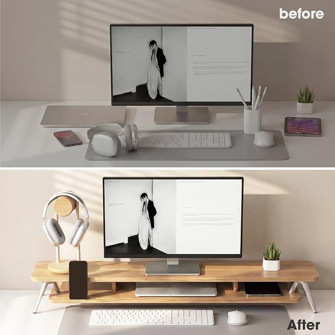 Fenge Dual Monitor Stand, Monitor Stands Riser for 2 monitors, 42.5 Inch Wood Desk Shelf with Storage Organizer and Cable Management for Office Desk Accessories