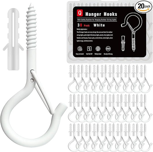 Black Screw Hooks with Safety Lock 2.3" Rustproof Metal Ceiling Hooks for Hanging Plants, Baskets,String Lights & Outdoor Decor, 40LB Capacity (30, White)