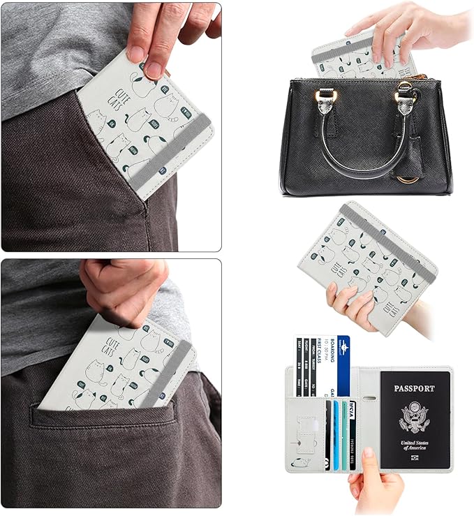 WALNEW Passport Holder for Travel, RFID Passport Cover Wallet for Women Men, PU Leather Passport Book Card Holder Case with Pen, Travelling Essentials for Flying