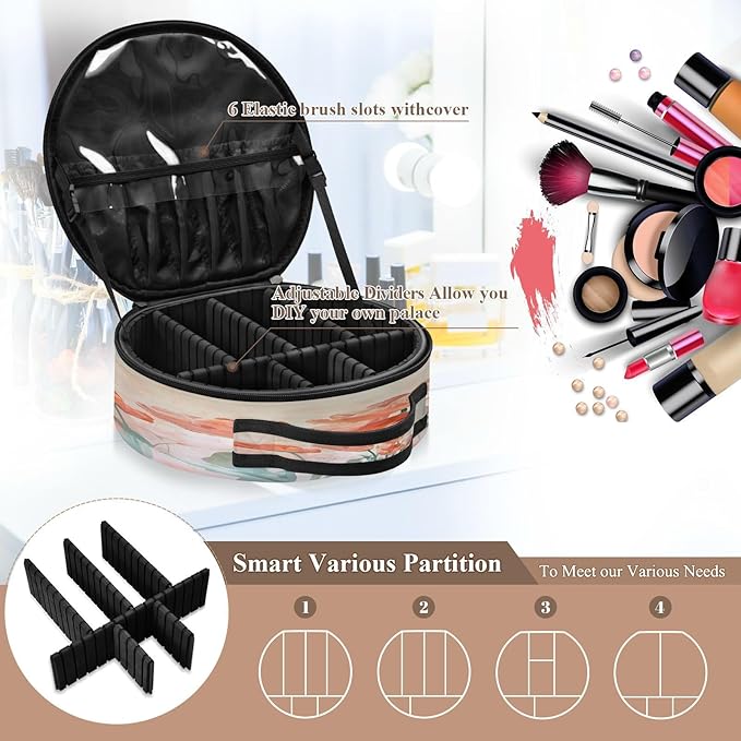 senya Round Cosmetic Pouch Travel Makeup Train Case Flower Vintage Makeup Organizer Bag with Adjustable Dividers Portable for Cosmetics Makeup Brushes Toiletry Jewelry Accessories