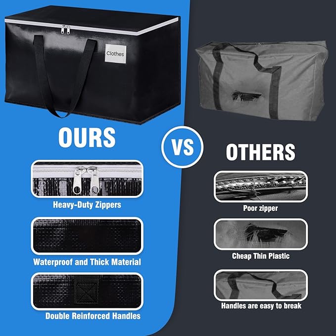 BlissTotes Moving Bags, Heavy Duty Moving Boxes with Zippers Top and Sturdy Handles, Storage Bags for Space Saving and Packing, Collapsible Moving Supplies, Storage Totes (93L, 4-Pack, Black)