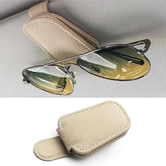 Sunglass Holder for Car, Magnetic Leather Sunglasses Clip for Car Visor, Eyeglass Hanger Clip for Car Sun Visor (A Khaki)