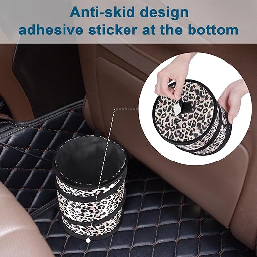 Car Trash Can, 2 Packs Mini Collapsible Car Trash Bin for Front Back Seat, Pop up Car Garbage Can, Portable Car Trash Bag Hanging for Vehicle SUV Rv Truck Accessories Interior, Leopard Print