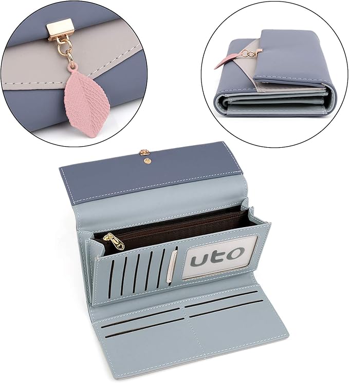 UTO RFID Wallet for Women PU Leather Leaf Pendant Card Holder Phone Checkbook Organizer Zipper Coin Purse | Leaf Pendant, Card Holder, Phone, Checkbook, Organizer, Zipper