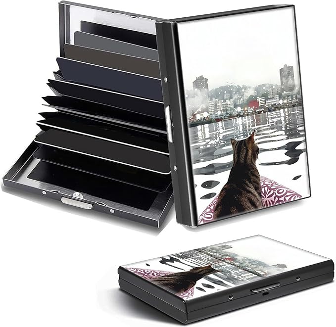 Credit Card Holder, Sea Cat Art Design Mini RFID Blocking Aluminum Wallet Slim Metal Hard Case Shell Travel Wallet ID Case Small Credit Cards Case Business Cards for Women Men Girls