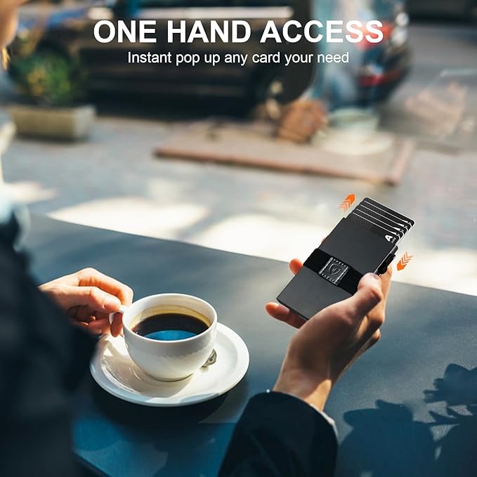 TOYFID Slim Wallet for Men,Black RFID Blocking Card Holder with Expandable Backplate Money Clip & ID Window Quick Access Minimalist Metal Pop Up Wallet,Holds 12+ Credit Cards/Passport/ID Cards