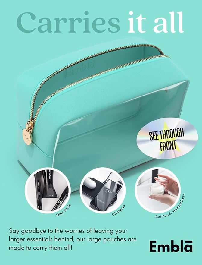 Embla Clear Large Makeup Bag Cute Big Make Up Nylon Pouches Travel Bathroom Bags for Toiletries XL Cosmetic Pouch for Women Girls Extra Large Zipper Toiletry Skincare Organizer Turquoise