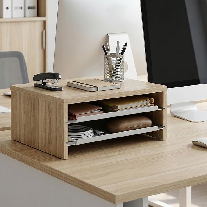 Fenge Monitor Stand, 3-Tier Monitor Riser with Slide-Out Tray, Wooden and Metal Desktop Organizer for Home Office, Computer, Laptop, Printer, Telephone