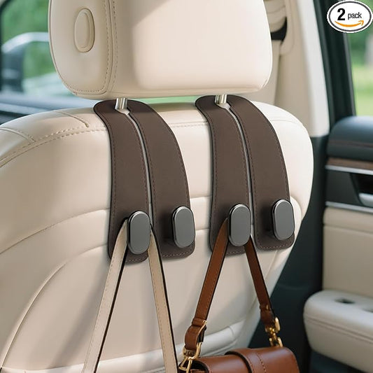 Car Seat Headrest Hooks - 2 Pack Universal Car Purse Hook, Leather Car Bag Purse Holder with Double Metal Hooks for Handbags, Grocery Bags, Bottles, Phones