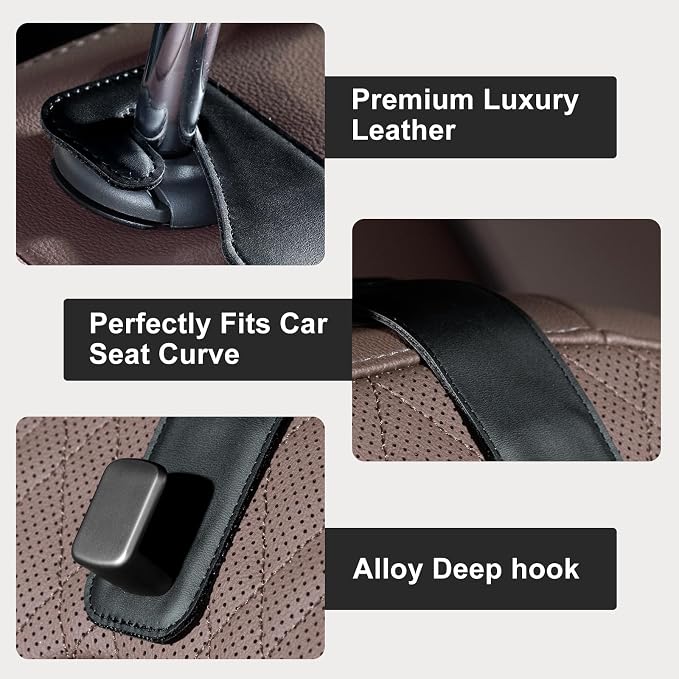 CoBak Headrest Hooks for Car - Universal Premium Stitched Leather and Aluminum-Magnesium Alloy Single Car Seat Back Storage Hook for Purses, Handbags, Bags (2 Pack),Black