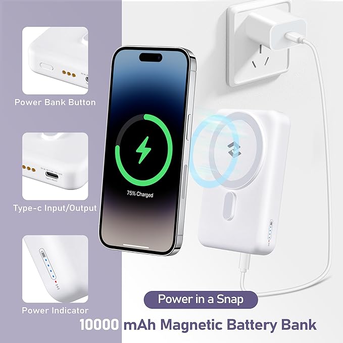 Smtcsl 3 in 1 Wireless Charging Station: 10000mAh Removable Power Bank Charger Stand for Phone/Watch/Air Pods - Portable Magnetic Battery Pack for Air 17 16 15 14 13 12 Series White