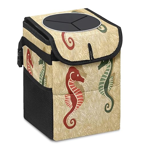 Car Trash Can Retro Seahorse Auto Garbage Bag Car Trash Can with Lid Leak-Proof Car Storage Bag Garbage Bag Hanging for Headrest Collapsible and Portable with Storage Mesh Pocket