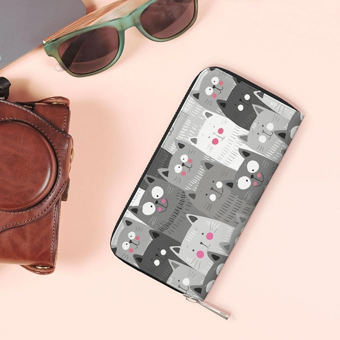 Cat Pattern Wallet for Men Women Elegant Long Clutch Zip Around Travel Leather Coin Purse Large Capacity Credit Card Holder Handbag