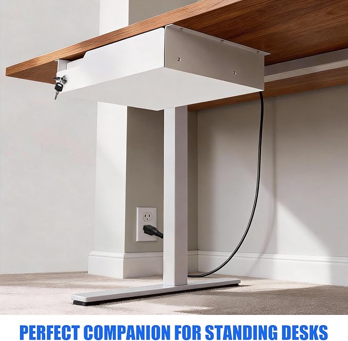 Under Desk Drawer Storage with Lock, Metal Undermount Table Drawer, Ball Bearing Slides Out Tray Organizer for Paper, Pencil, and Laptop,16"x11.8"x3.6", Black With Power Strip
