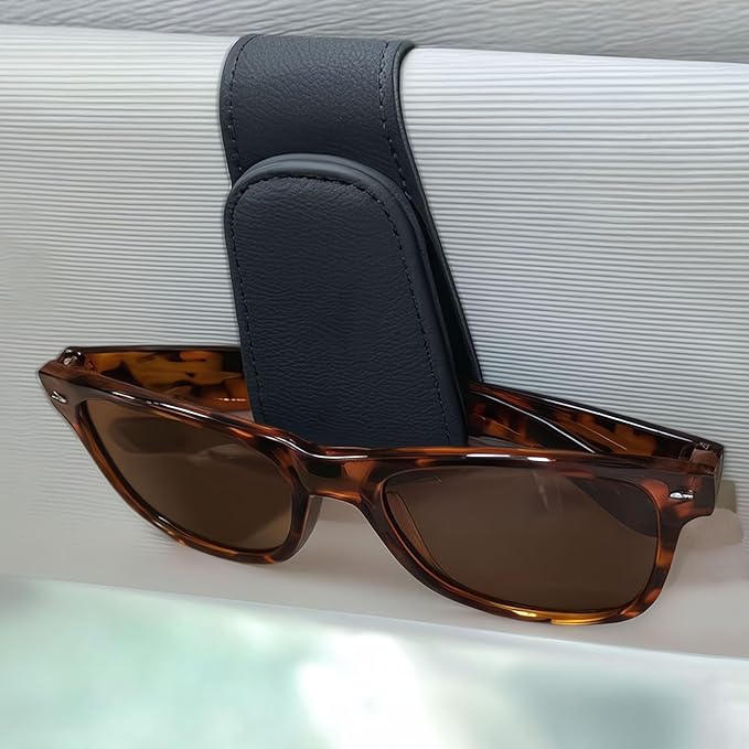 EldHus Sunglass Holder for Car Visor - 2 Pack Magnetic Car Glasses Holder Clip, Leather Eyeglass Holder for Car, Universal Vehicle Sunglasses Hanger Eyeglasses Mount, Black