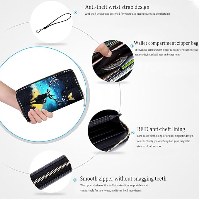 Bxgolkgd Womens Wallet, RFID Blocking Leather Wallet,Large Capacity Wallet Credit Card Holder PU Leather Ladies Clutch with Zipper Coin Pocket - Starry Night Deer