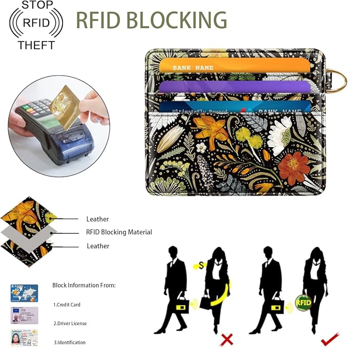 Slim Minimalist Front Pocket RFID Blocking Credit Card Holder Small Wallet Cute Card Cases for Women,Dried Flowers