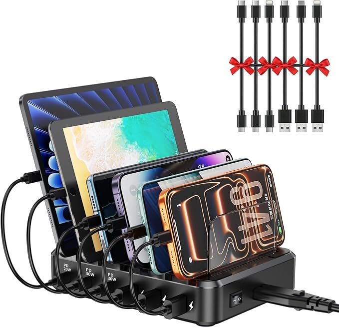 Charging Station for Multiple Devices, 110W 6 Port USB-C Fast Charger Station Dock for iPad iPhone Android Cell Phone Tablet, Family Multi-Device Organizer (6 Short Cables Included)