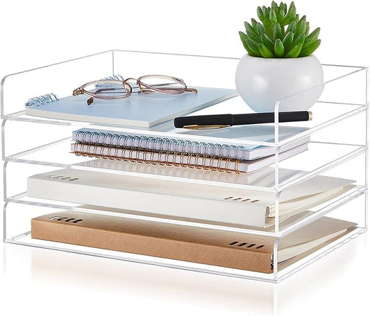 Harloon 4 Tier Paper Organizer Letter Tray Acrylic Desk File Organizer Stackable Documents Letter Clear Paper Holder Sorter Office Tray for A4, Modern Office Classroom Home File Pad Books Notes