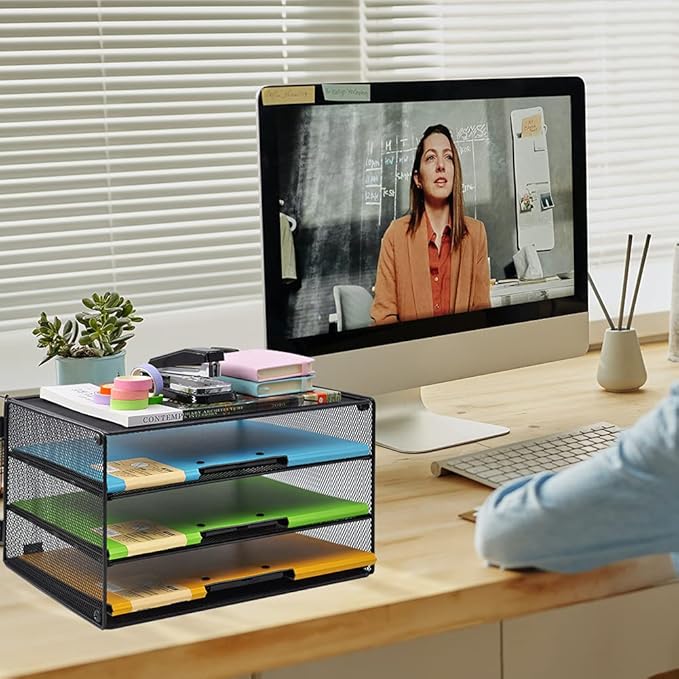 COSYAWN 3 Tier Mesh Desk Paper Tray Organizer, File Organization for Letter Document, Desktop Mail Storage Holder for Office Home School, Black