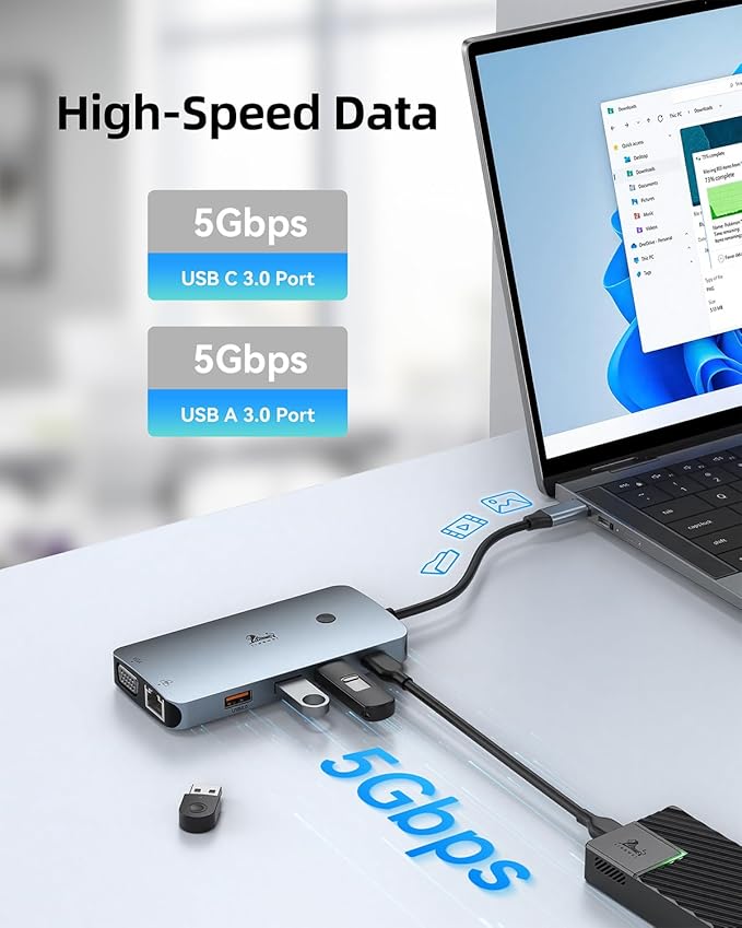 Laptop Docking Station 4 Monitors, 9 in 1, Dual HDMI+DP+VGA, 100W PD, 5Gbps, 3 USB C/A Ports, Ethernet, LIONWEI Docking Station Dual Monitor, USB C Hub for Dell/HP/Surface/MacBook