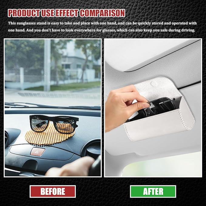 Sunglasses Holder for Car Sun Visor, Leather Auto Eyeglasses Storage Case with Hidden Magnetic Closure, Universal Protective Glasses Organizer Box, Visor Accessories for Woman Man (White)