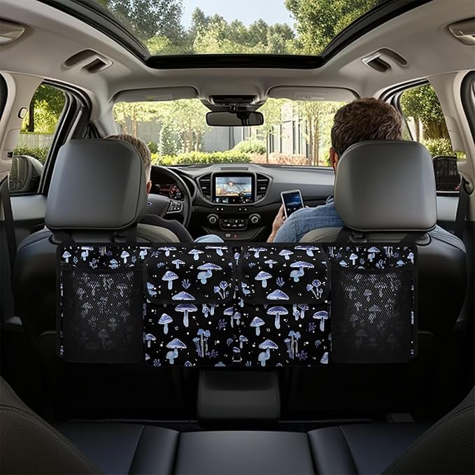 Car Trunk Organizer,Collapsible Large Capacity Auto Backseat Hanging Storage Bag with Adjustable Strap & 4 Pockets,Keep Trunk Clean and Tidy(Blue Mushroom Pattern)