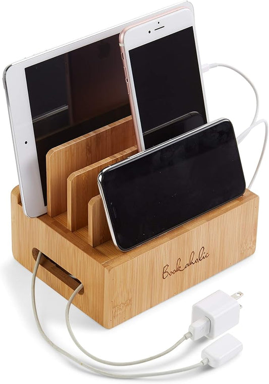 Bookaholic Bamboo Multi-Device Charging Station & Organizer - Rustic Elegant Desktop Dock for Smartphones, iPhone, iPad & Tablets - USB Compatible - Eco-Friendly