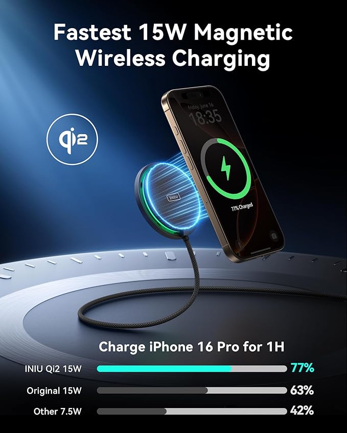 INIU Magnetic Wireless Charger, Qi2 Certified 15W Fast Wireless Charging Pad with Cooling Fan, for iPhone 16 15 14 13 12 Series, AirPods, and More (Adapter Included)