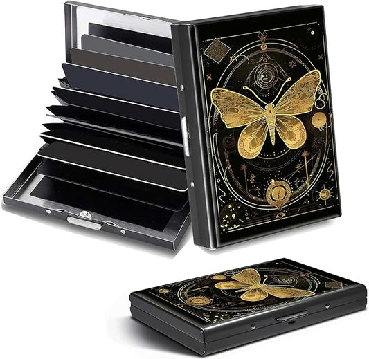 Credit Card Holder, Golden Moth Moon Butterfly Design Mini RFID Blocking Aluminum Wallet Slim Metal Hard Case Shell Travel Wallet ID Case Small Credit Cards Case Business Cards for Women Men