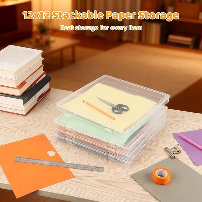 12x12 Paper Storage, 6 Pcs Stackable Plastic File Storage Box Set for Scrapbook Paper, and Craft Paper Storage, Board Game,Locking Mechanism, Office, Home, and School Document Organizer, Transparent