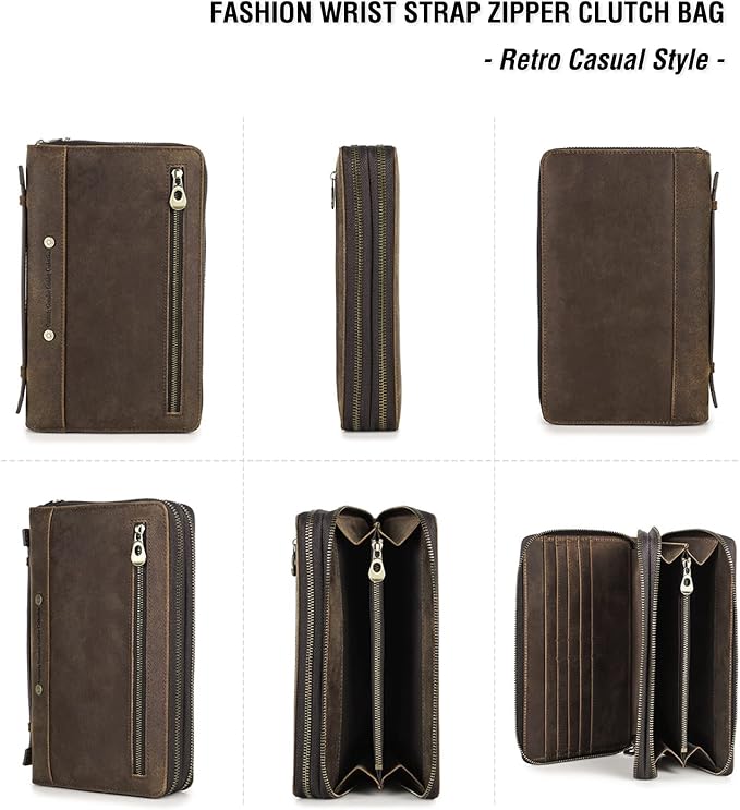 Top Grain Genuine Leather Clutch Wallet Bag with Hand Strap for Man & Woman, Handmade Minimalist Vintage Design, 2 Zip Pockets & Multi Slots, RFID Large Capacity for Cards/Phone/Check/Banknote, Coffee