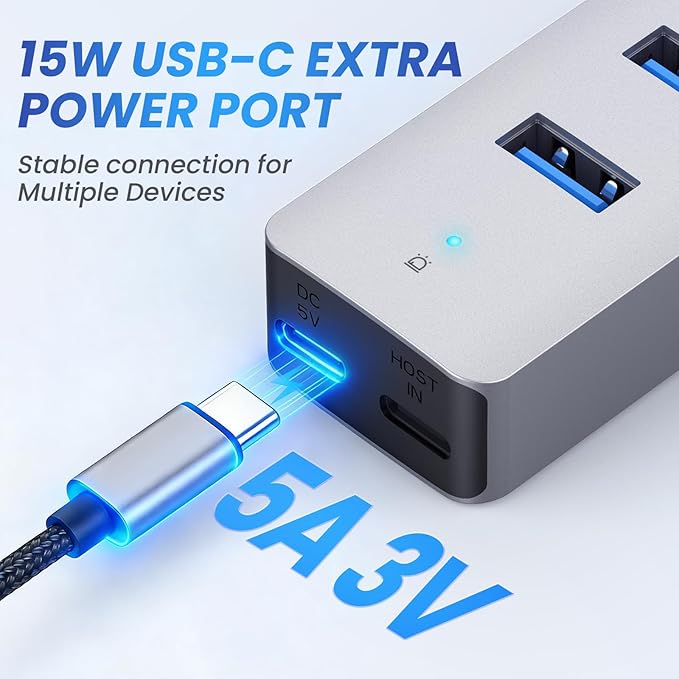 7 Ports USB Hub, Aluminum Multiport Desktop USB Adapter Powered USB Splitter for Laptop, Mobile Phones, PC, PS4 and Other USB Devices(3.3Ft Data Cable+3.3Ft Charging Cable)