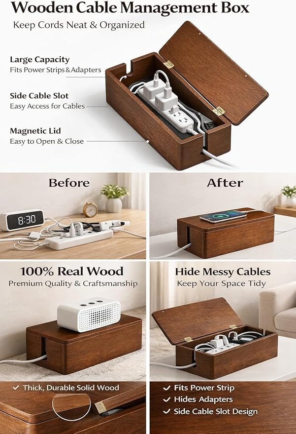 [Tikora] Spring Cleaning Essential: Real Walnut Solid Wood Cable Management Box, Magnetic Lid Cord Organizer for Desk & Home Office - 14.17" x 6.1" x 4.78"