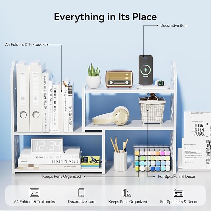 YGYQZ Desk Shelf for Top of Desk - Adjustable Desktop Organizer Shelf, Small Table Top Shelves & Desktop Shelves for Office Organization, Waterproof Bookshelf for Desk & Bathroom, White